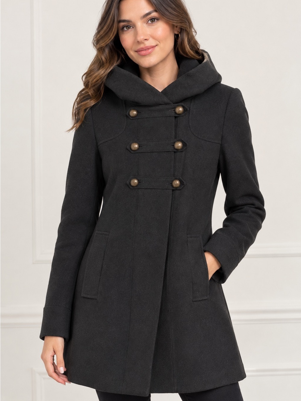 Byer California Black Hooded Double-Breasted Pea Coat